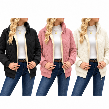 Women's winter jacket with a stand-up collar – thickly padded jacket with a zipper, long sleeves, and pockets.