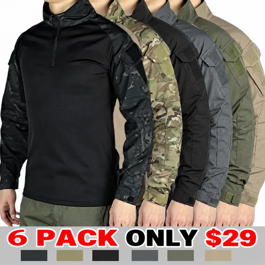 Men's Long-Sleeve Multi-Pocket Breathable Fabric Sports Training Combat T-Shirt