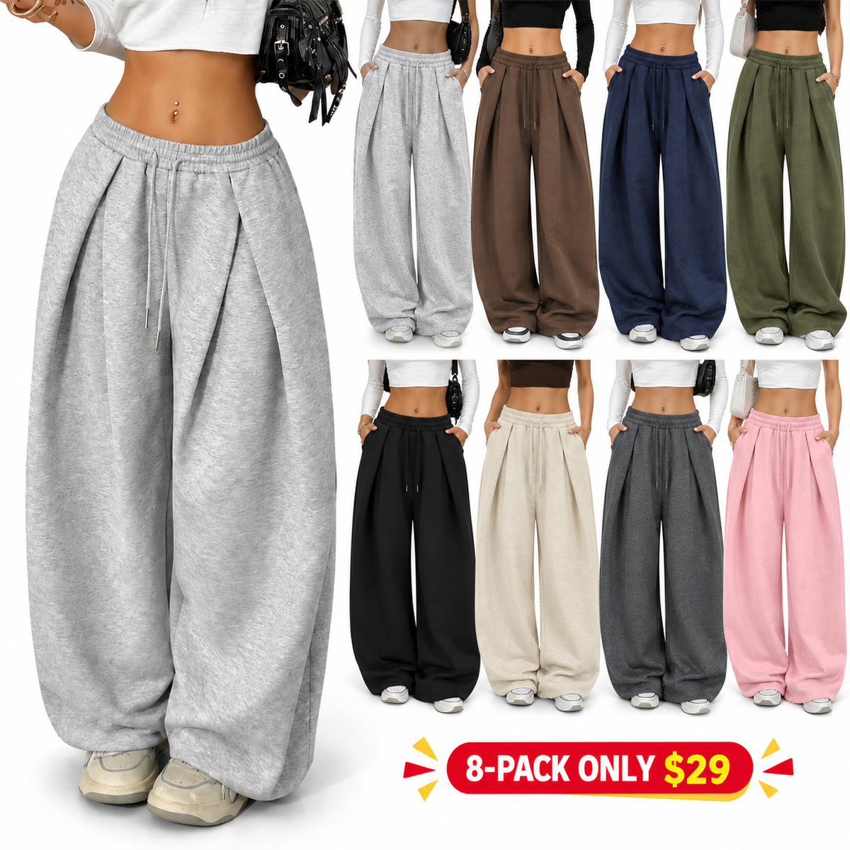 Women Elastic Waist Cuffed Jogger Pants, High Waist Baggy Wide Leg Sweatpants With Drawstring Ankle
