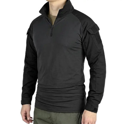 Men's Long-Sleeve Multi-Pocket Breathable Fabric Sports Training Combat T-Shirt