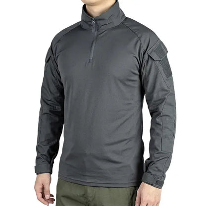 Men's Long-Sleeve Multi-Pocket Breathable Fabric Sports Training Combat T-Shirt