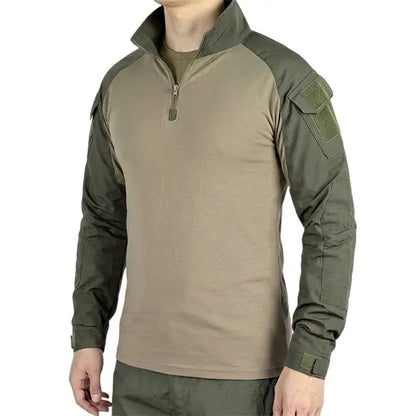 Men's Long-Sleeve Multi-Pocket Breathable Fabric Sports Training Combat T-Shirt