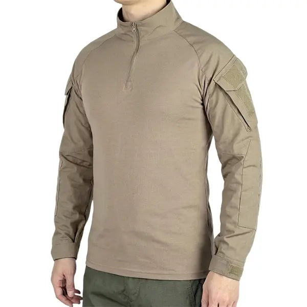 Men's Long-Sleeve Multi-Pocket Breathable Fabric Sports Training Combat T-Shirt