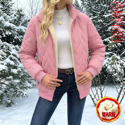 Women's winter jacket with a stand-up collar – thickly padded jacket with a zipper, long sleeves, and pockets.