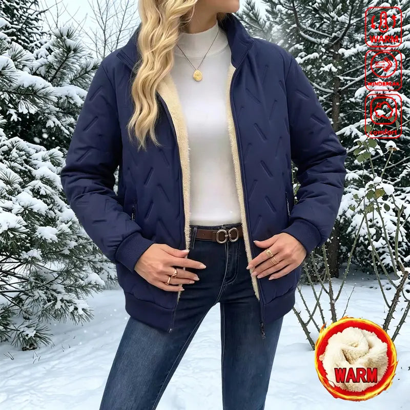 Women's winter jacket with a stand-up collar – thickly padded jacket with a zipper, long sleeves, and pockets.