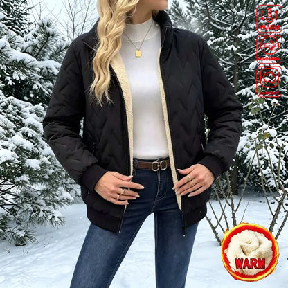 Women's winter jacket with a stand-up collar – thickly padded jacket with a zipper, long sleeves, and pockets.