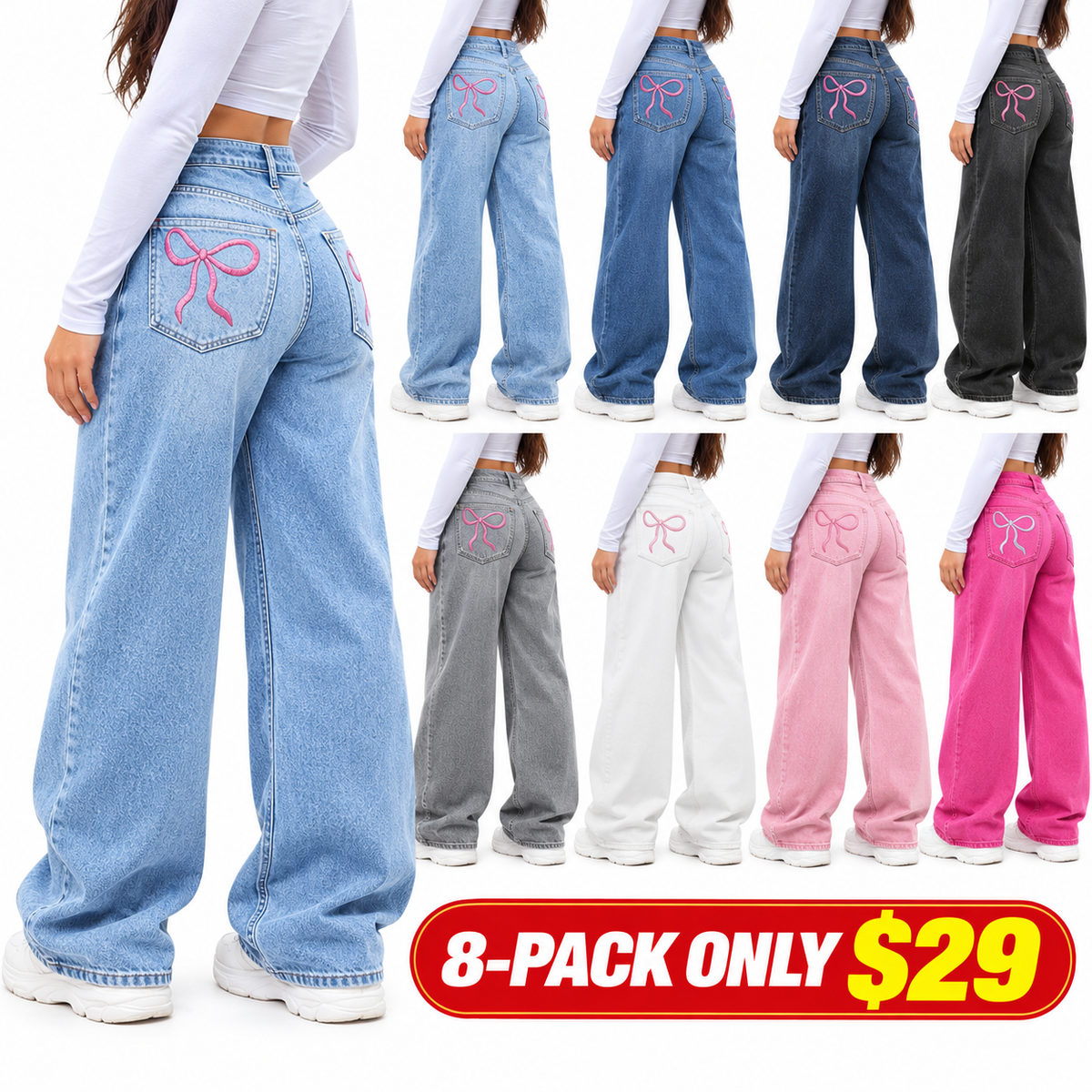 Women's High Waist Slimming Jeans, Embroidered Bow Design, Elastic Skinny Fit