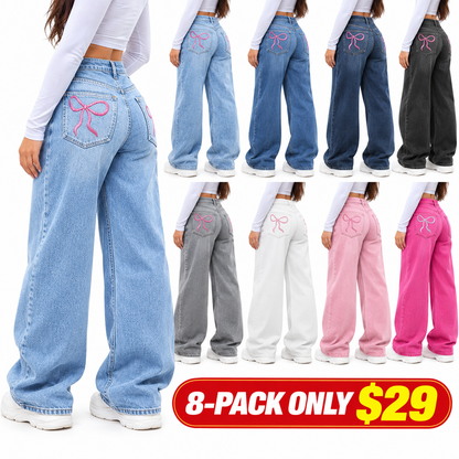 Women's High Waist Slimming Jeans, Embroidered Bow Design, Elastic Skinny Fit
