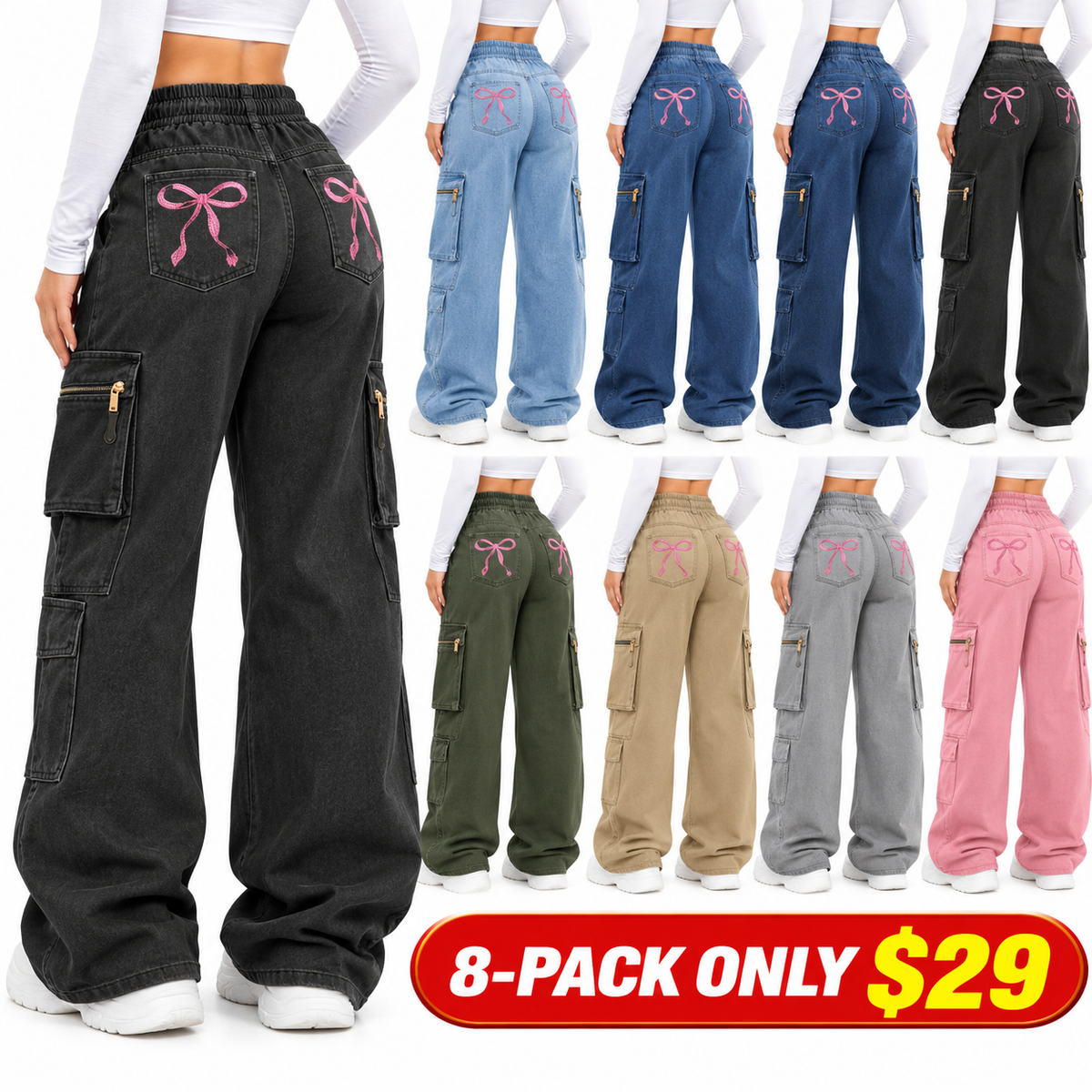 Women's High Waist Slimming Jeans, Embroidered Bow Design, Elastic Skinny Fit