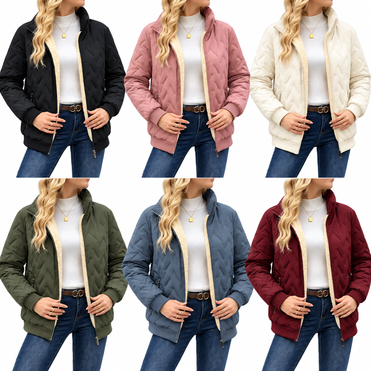 Women's winter jacket with a stand-up collar – thickly padded jacket with a zipper, long sleeves, and pockets.