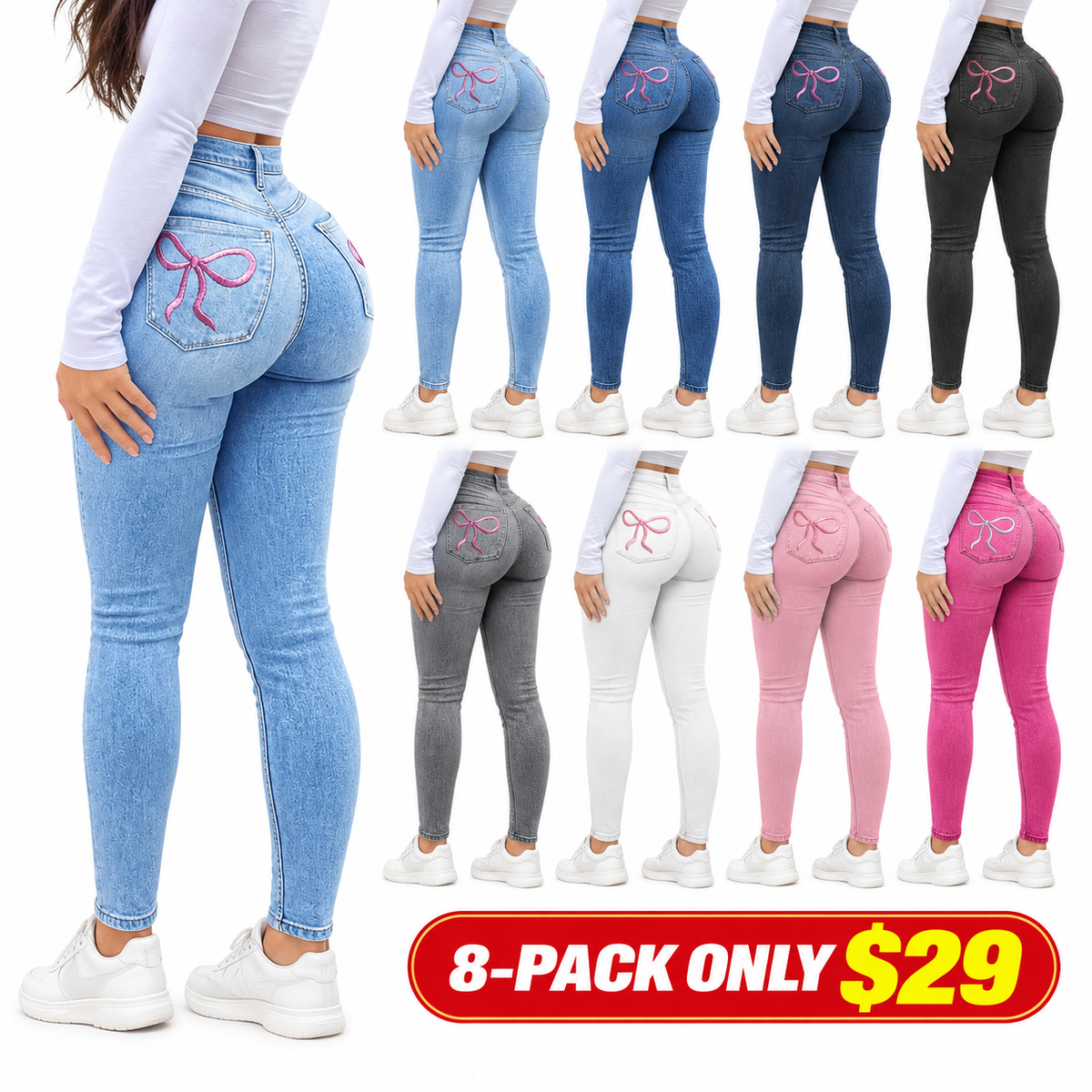 Women's High Waist Slimming Jeans, Embroidered Bow Design, Elastic Skinny Fit